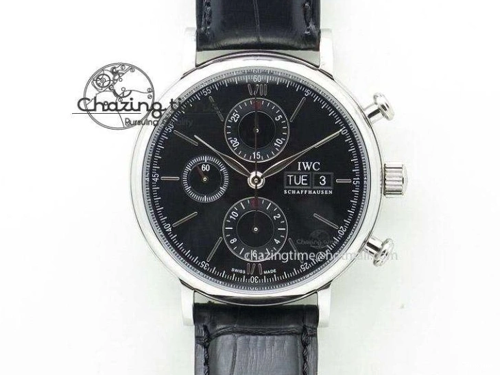 MIROTIME 0420 Portofino Chrono SS Black Dial on Black Leather Strap A Refined 7390